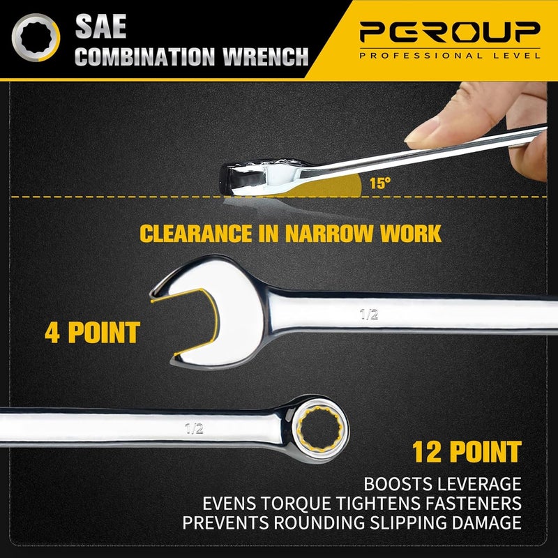 pgroup 1/2" SAE Combination Wrench, CR-V Steel with Mirror Polish, 12-Point Design, 15-Degree Offset, Perfect for Auto Repair, Household, Car & Truck Emergency - Image 5